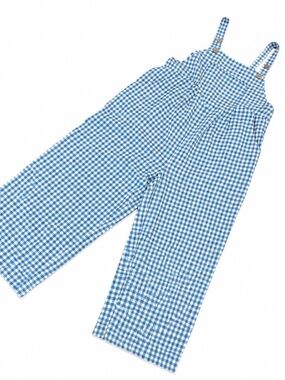 Blue & White Gingham Wide Leg Jumpsuit with Pockets & Adjustable Straps